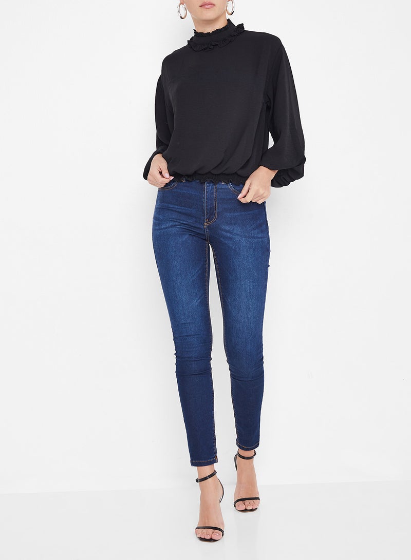 Stock - Ruffled Collar Elasticated Hem Top Black - Image 1
