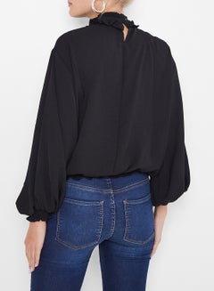 Stock Ruffled Collar Elasticated Hem Top Black  - Image 3