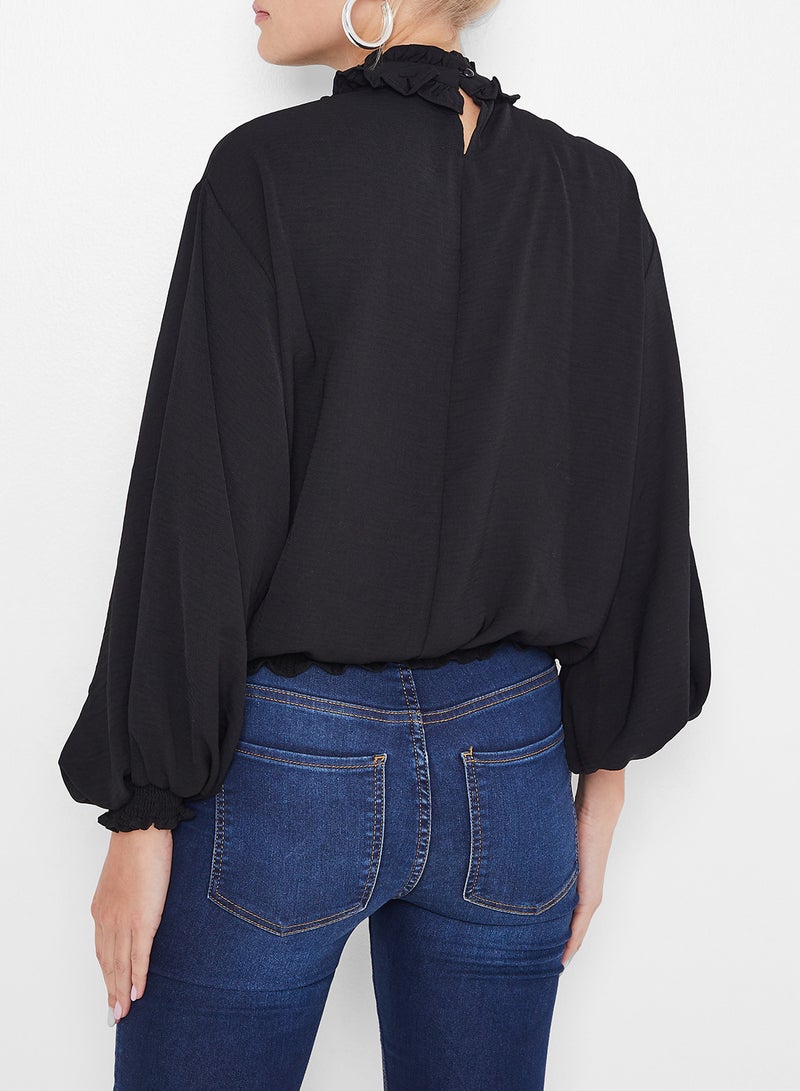 Stock - Ruffled Collar Elasticated Hem Top Black - Image 1