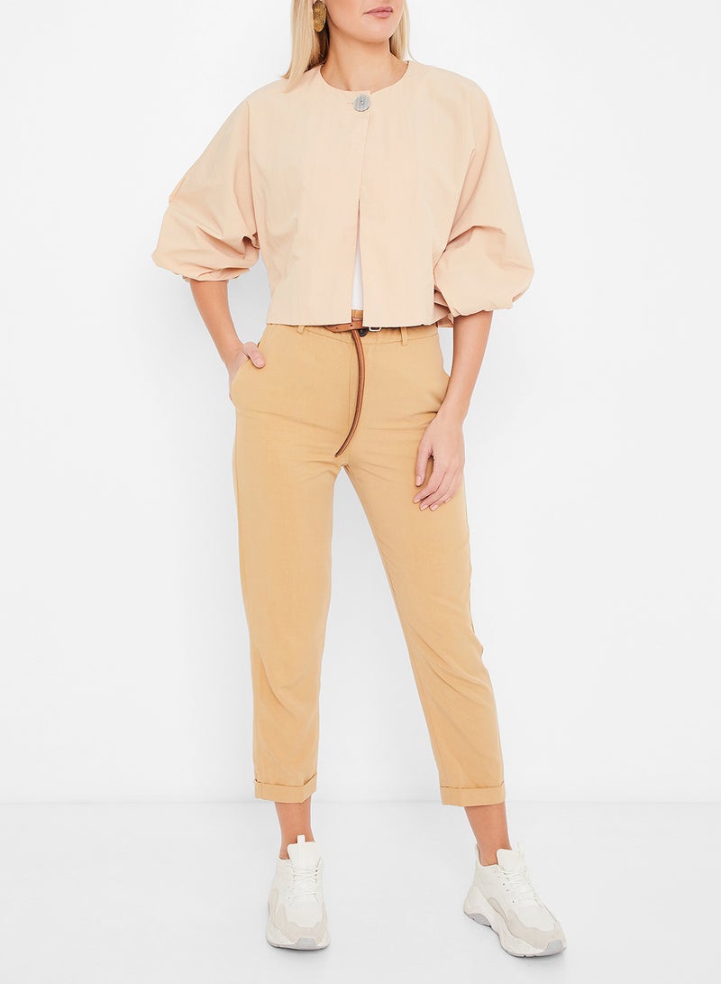 Stock Balloon Sleeve Cropped Jacket Beige - Image 2