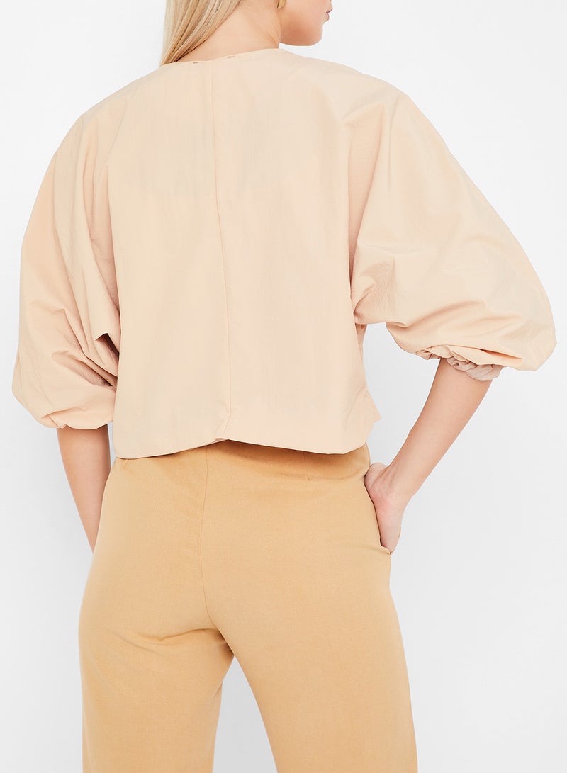Stock Balloon Sleeve Cropped Jacket Beige - Image 3