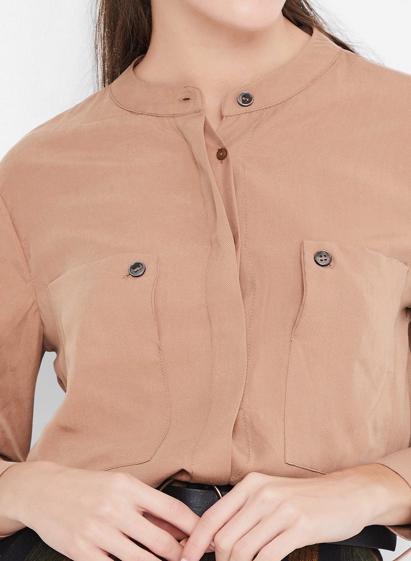 Stock Buttoned Dual Pocket Shirt Beige - Image 4