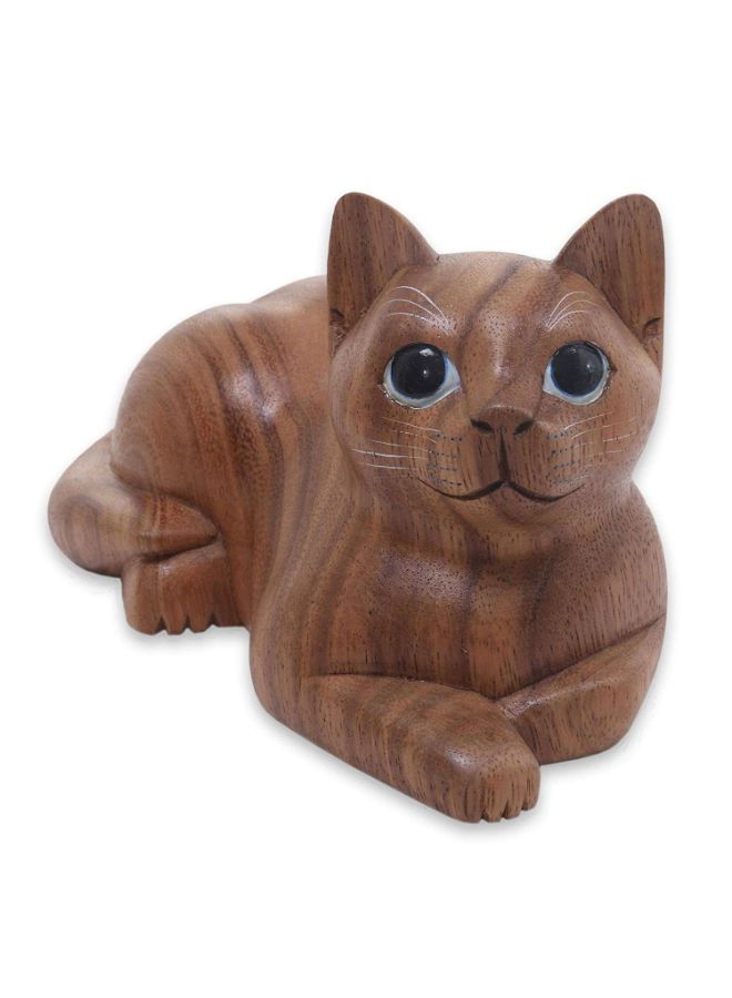 NOVICA - Short Haired Cat Wood Sculpture Brown - Image 1