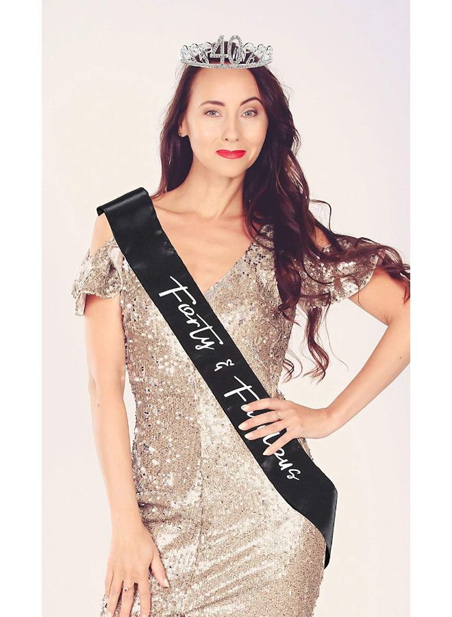 Blue Panda - Forty And Fabulous Printed Satin Sash With Tiara - Image 1