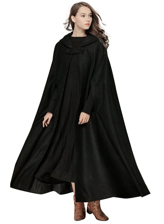 Generic - Hooded Sleeveless Button Closure Long Cape Black - Image 1