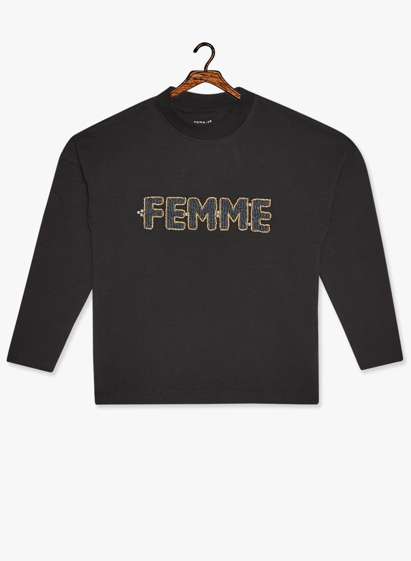 NAME IT Kids French Text Long Sleeve T-Shirt Black - Image 1