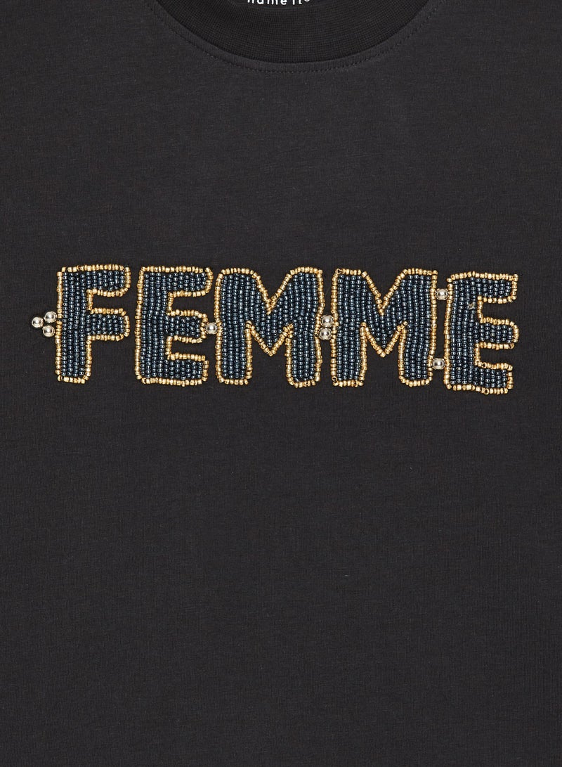 NAME IT Kids French Text Long Sleeve T-Shirt Black - Image 3