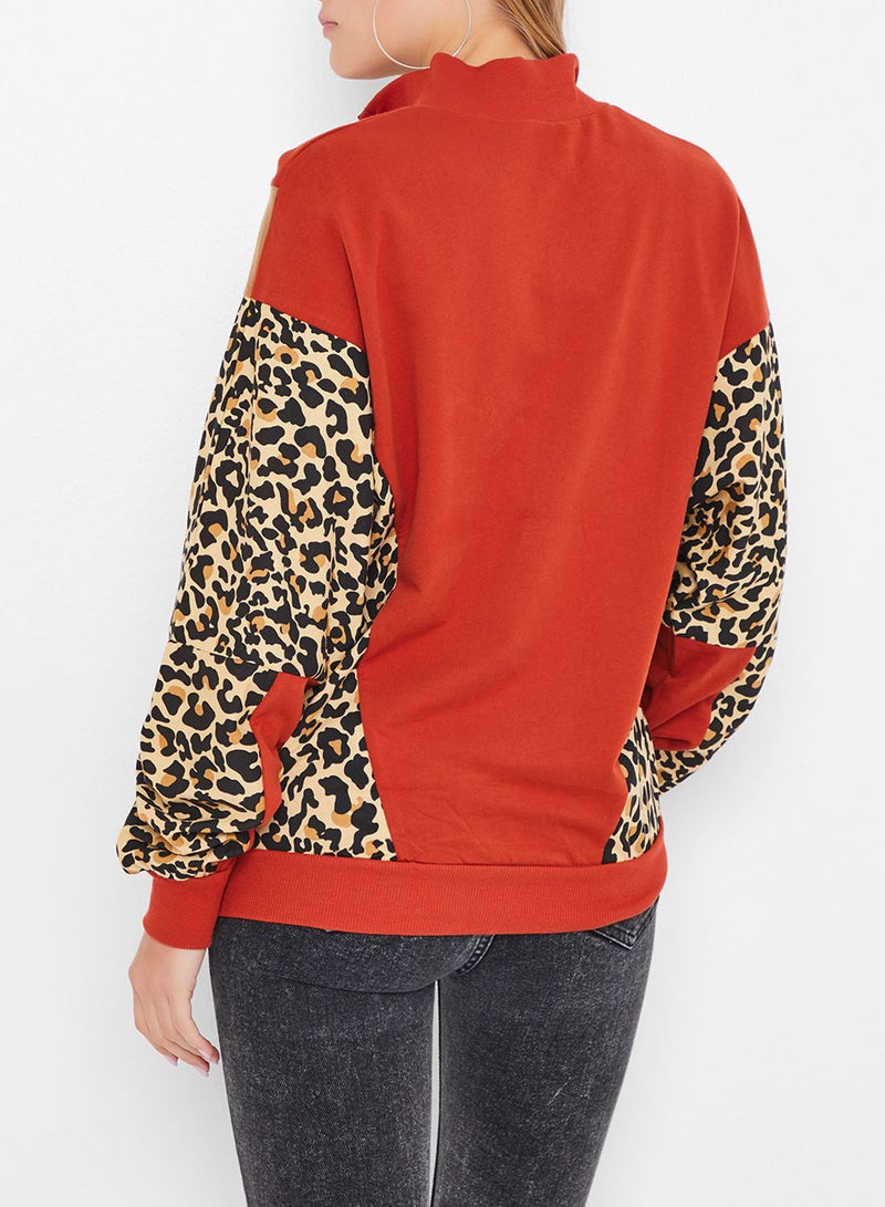 High Streets - Zipper Detailed Leopard Print Sweatshirt Multicolour - Image 1
