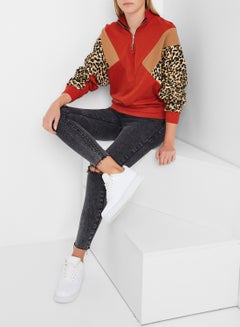 High Streets Zipper Detailed Leopard Print Sweatshirt Multicolour  - Image 2