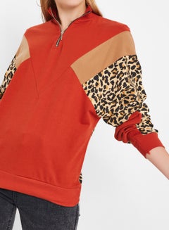 High Streets Zipper Detailed Leopard Print Sweatshirt Multicolour  - Image 4