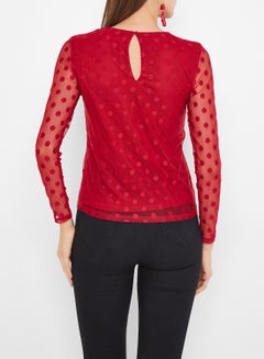 ONLY Sheer Dot Overlay Blouse Red  - Image 3