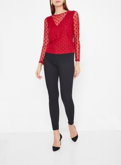 ONLY Sheer Dot Overlay Blouse Red  - Image 2