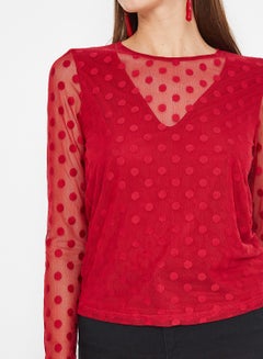 ONLY Sheer Dot Overlay Blouse Red  - Image 4