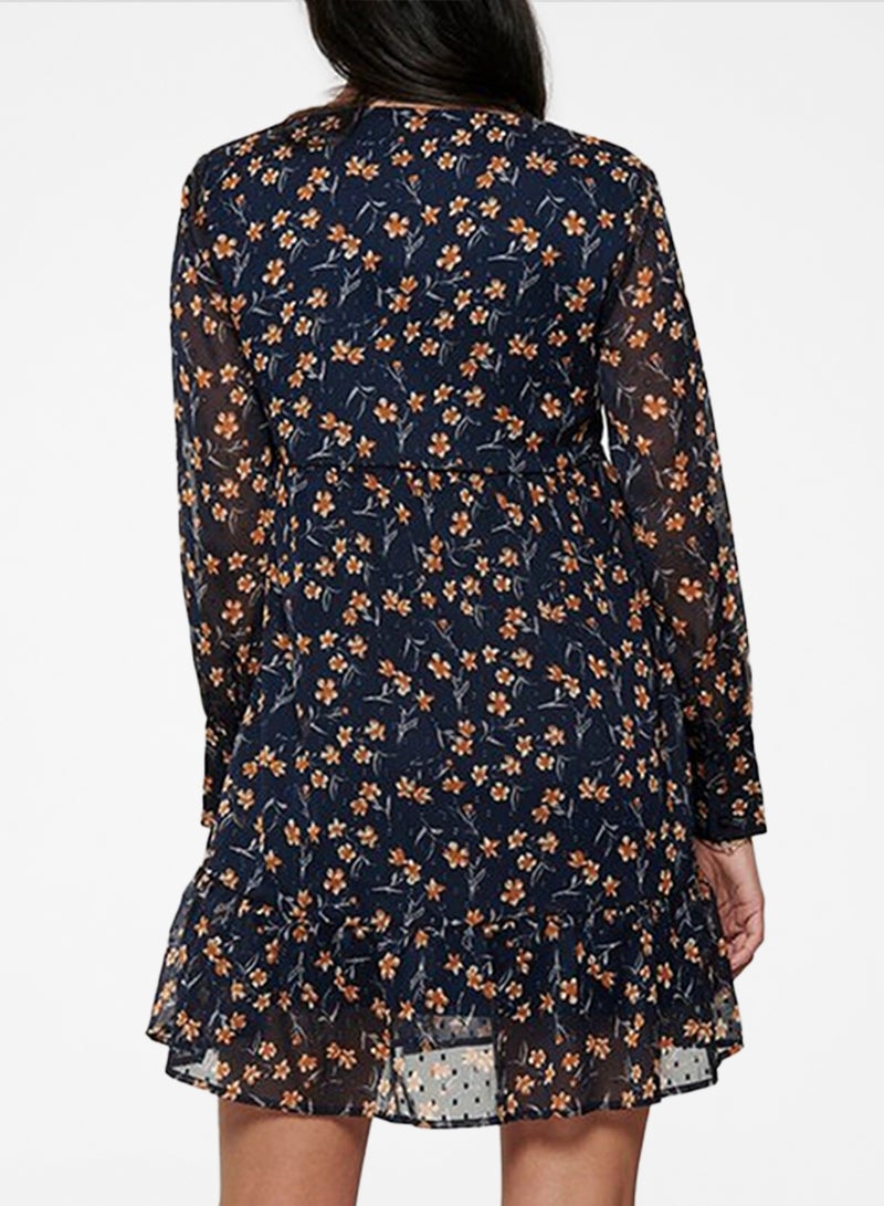 Jacqueline de Yong Floral Frill Hem Long Sleeve Dress Navy Multi  - Image 3