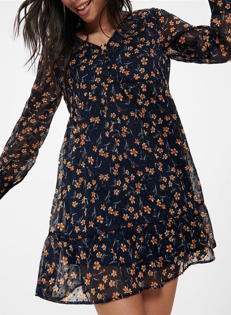 Jacqueline de Yong Floral Frill Hem Long Sleeve Dress Navy Multi  - Image 4