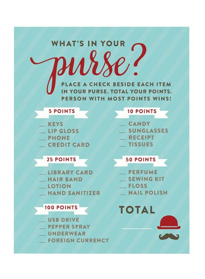 Andaz Press Pack Of 20  Lil Man Mustache What'S In Your Purse Game Card 4.25 x 5.5inch 