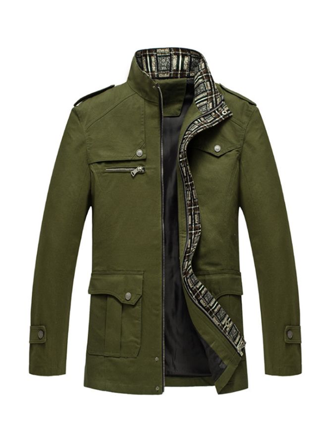 Slim Fit Stand Collar Mid-Length Coat Green - Image 1