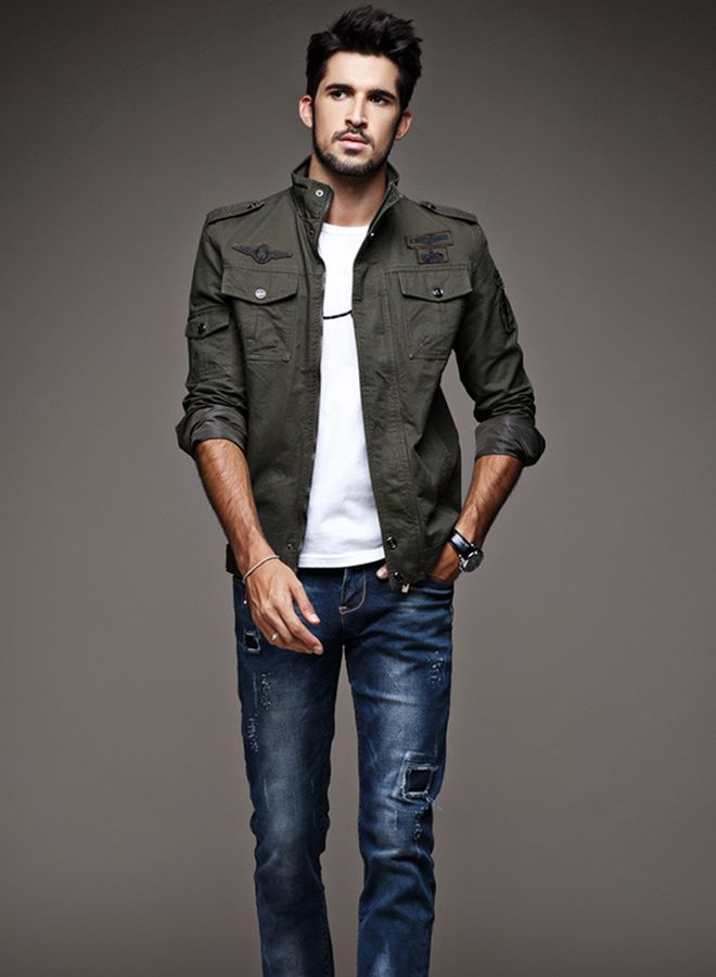 Zip-Up Stand Collar Jacket Green - Image 4