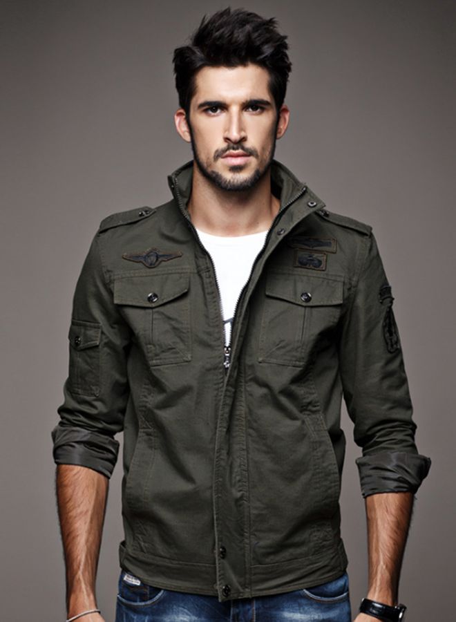 Zip-Up Stand Collar Jacket Green - Image 3