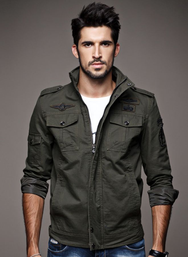 Zip-Up Stand Collar Jacket Green - Image 3