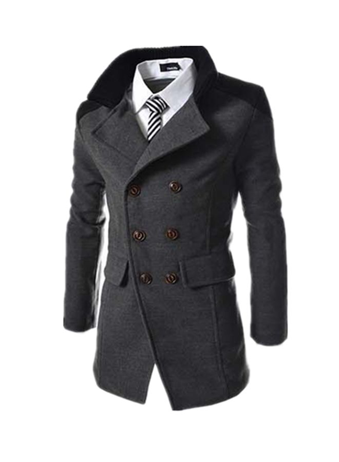 Mid-Length Lapel Button End Woolen Coat Grey - Image 4