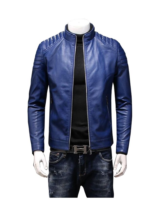 Long Sleeve Biker Pu Leather Jacket Blue  - Image 1