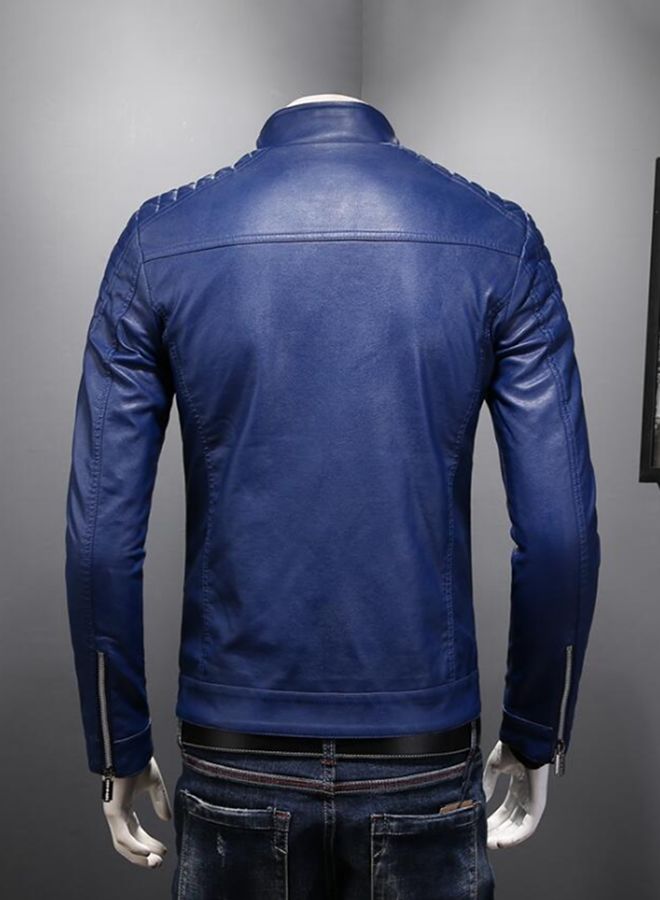 Long Sleeve Biker Pu Leather Jacket Blue  - Image 2