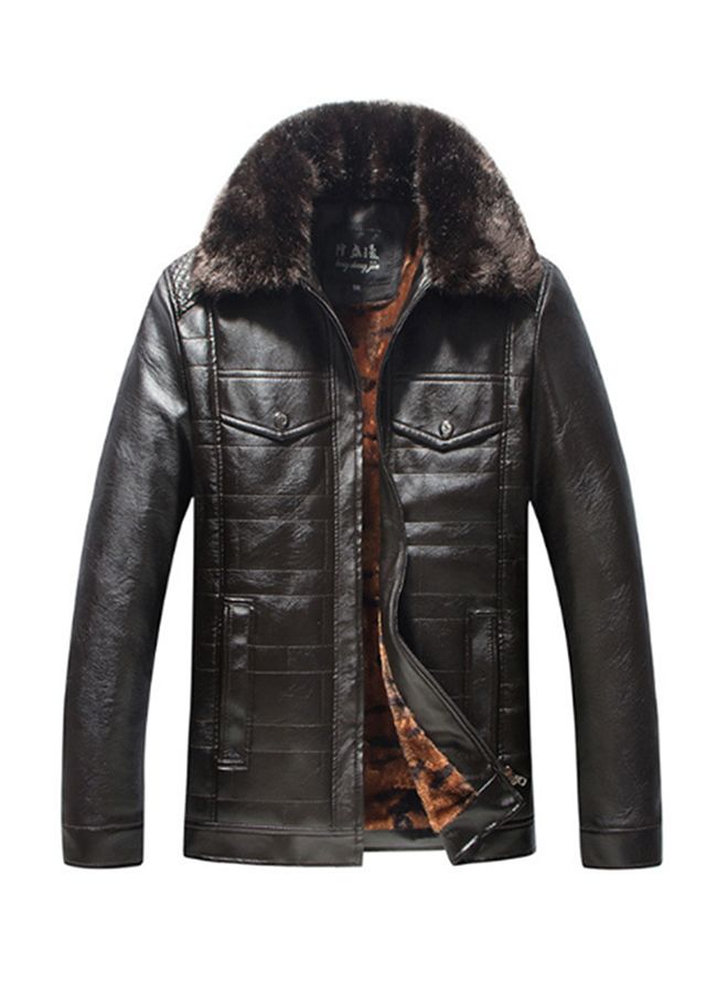 Faux Feather Collar Pu Leather Jacket Black  - Image 1