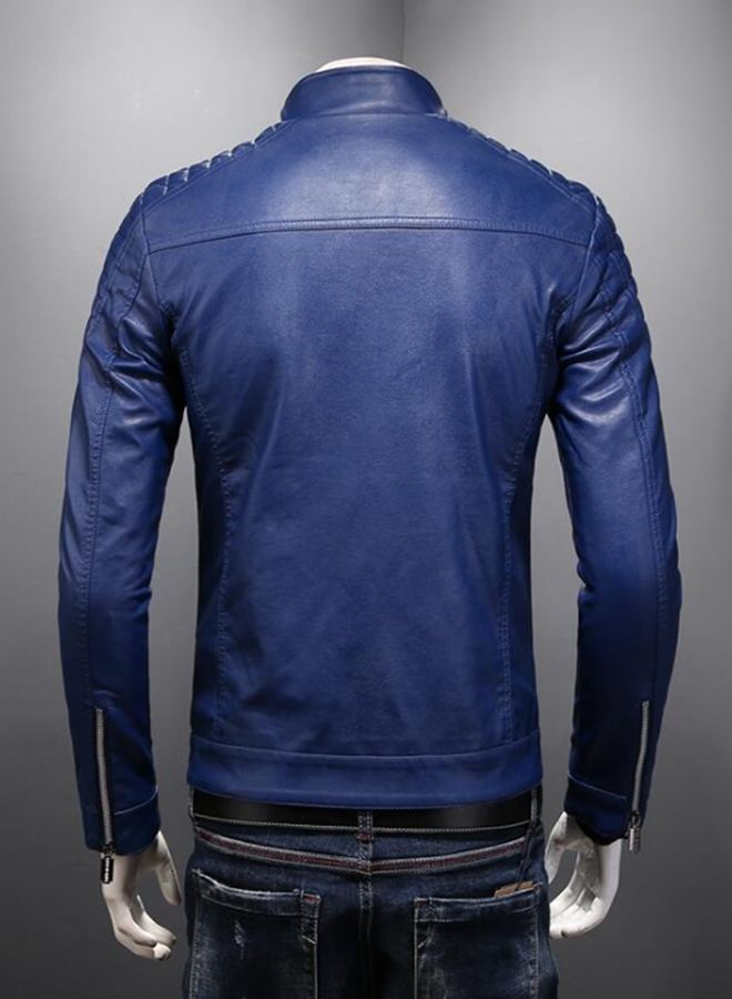 Long Sleeve Biker Pu Leather Jacket Blue  - Image 2