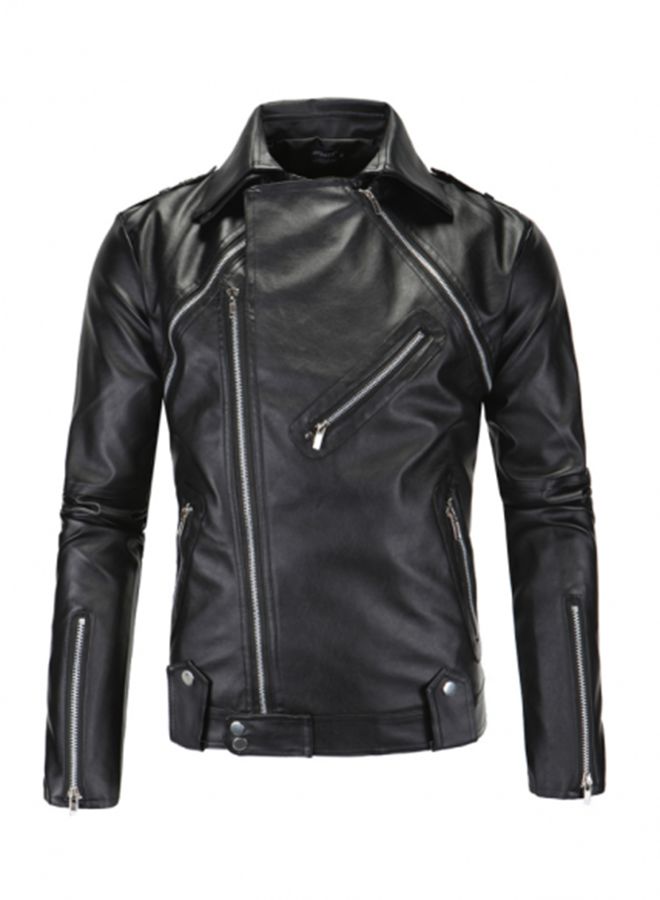 Lapel Detachable Zippers Pu Leather Motorcycle Jacket Black - Image 1