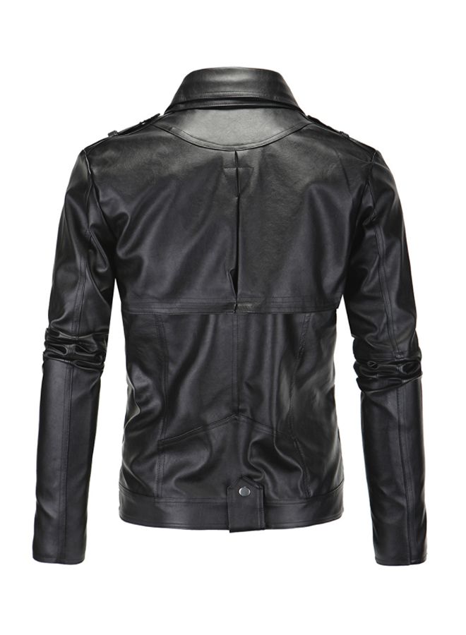 Lapel Detachable Zippers Pu Leather Motorcycle Jacket Black - Image 2