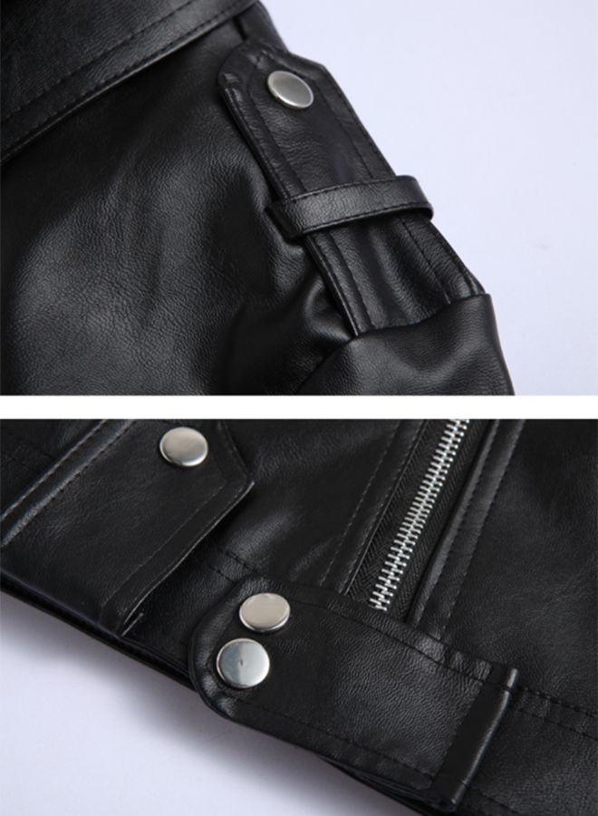 Lapel Detachable Zippers Pu Leather Motorcycle Jacket Black - Image 4
