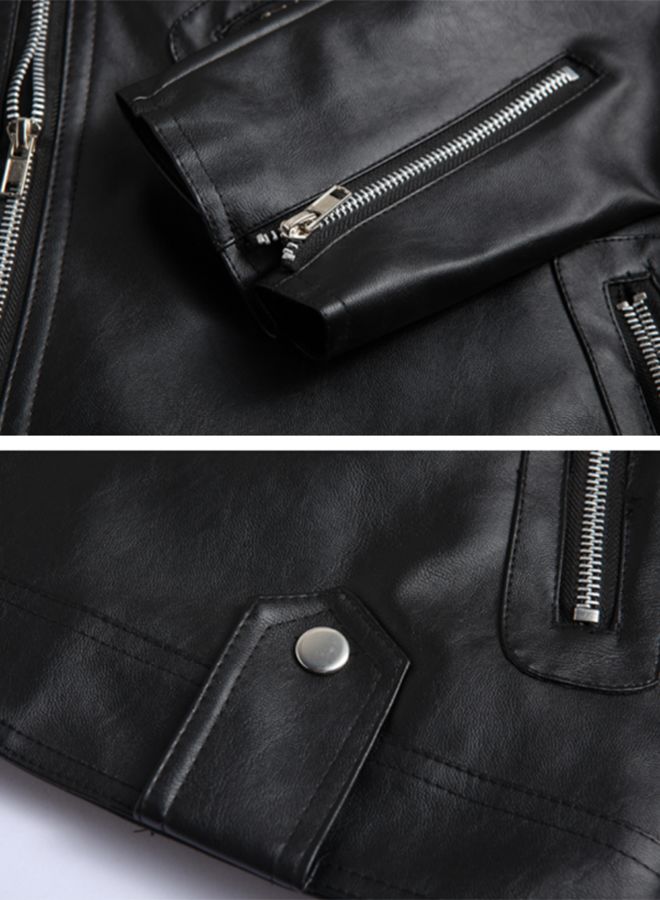 Lapel Detachable Zippers Pu Leather Motorcycle Jacket Black - Image 3