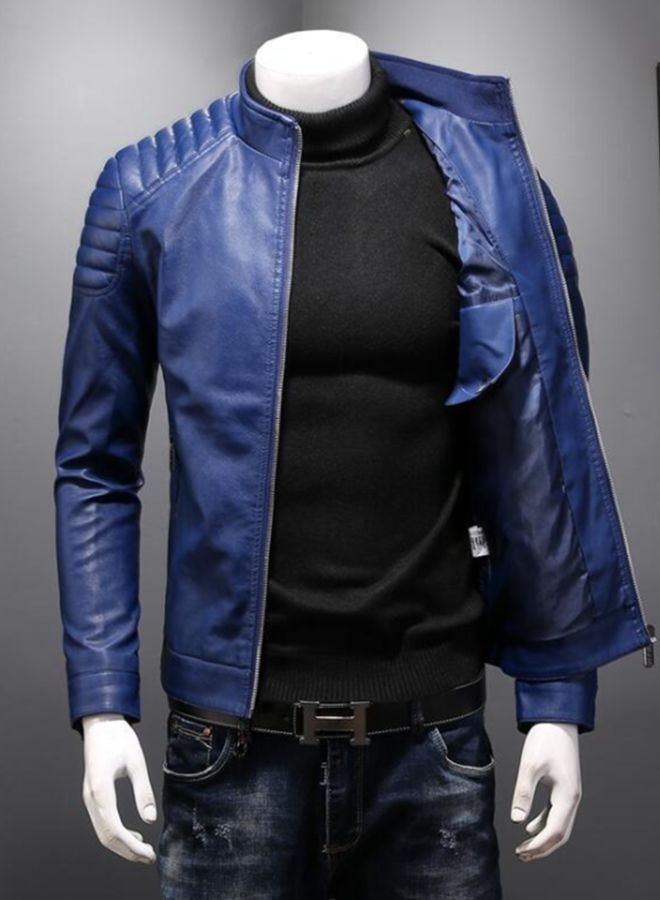 Long Sleeve Biker Pu Leather Jacket Blue  - Image 3