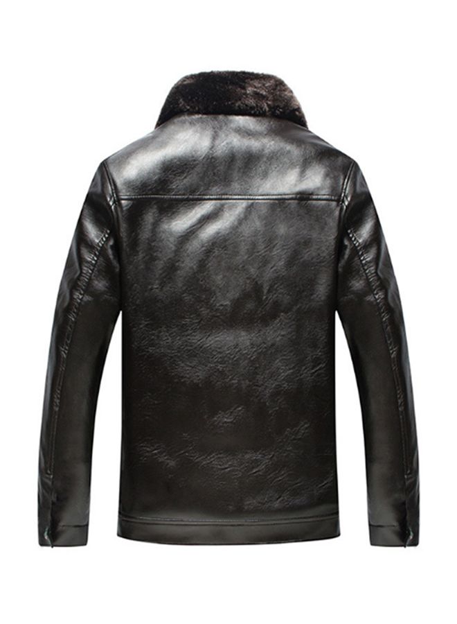 Faux Feather Collar Pu Leather Jacket Black  - Image 2