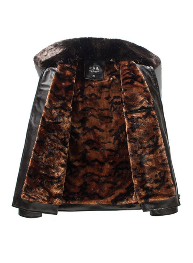 Faux Feather Collar Pu Leather Jacket Black  - Image 3