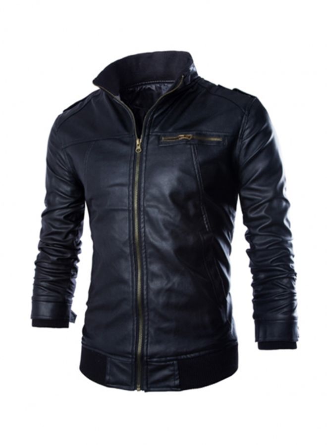 Generic - Casual Stand Collar Zip-Up Leather Jacket Black - Image 1