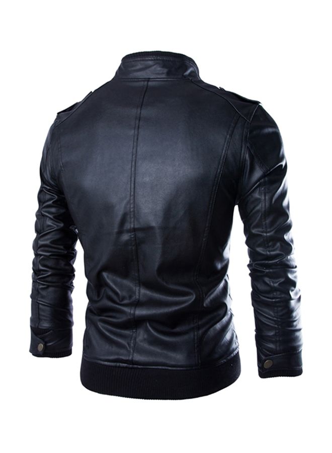 Generic - Casual Stand Collar Zip-Up Leather Jacket Black - Image 1
