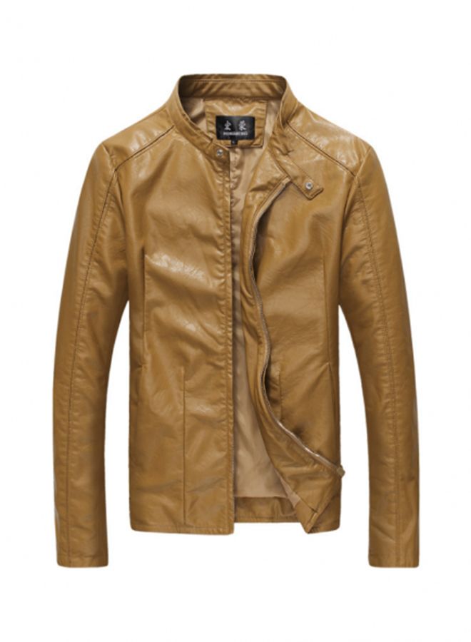 Solid Pattern Zip Up Mandarin Neck Jacket Khaki - Image 1