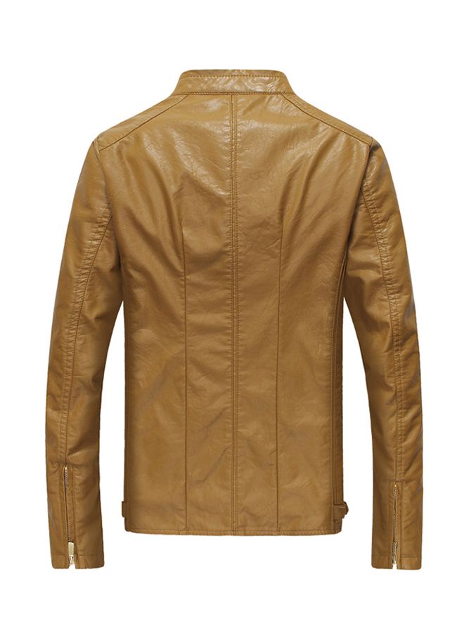 Solid Pattern Zip Up Mandarin Neck Jacket Khaki - Image 2