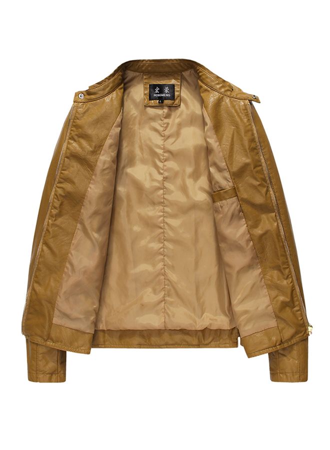 Solid Pattern Zip Up Mandarin Neck Jacket Khaki - Image 3