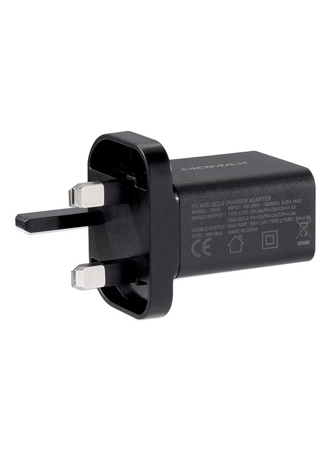 موماكس شاحن سريع UM13 بقابس بريطاني بقدرة 18 وات ومنفذ USB-C بتقنية PD + منفذ USB 3.0 أسود  - Image 3