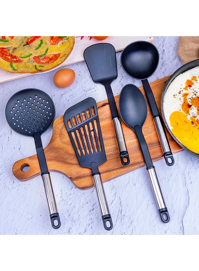 5Pieces Nylon Kitchen Tools Set Dishwasher Safe Premium Quality Food Grade Nylon Sturdy Handles With Ss Grip Heat Resistant Upto 210掳C 40O掳F Black With Silver Handle - v1576491800/N13337356A_9