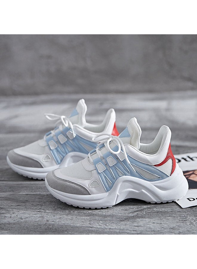 Faux Leather Lace Up Trainers Blue/White - Image 2