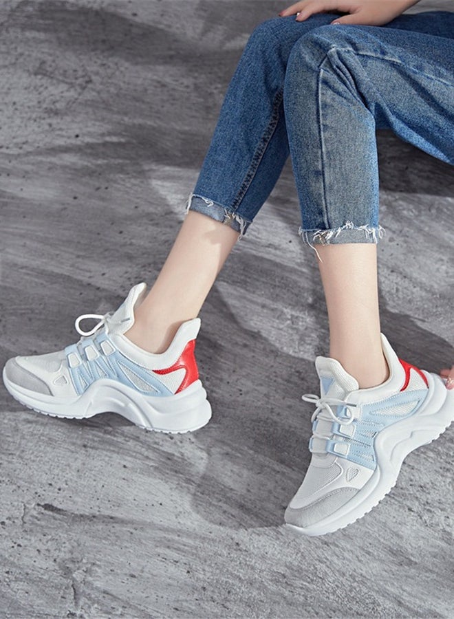 Faux Leather Lace Up Trainers Blue/White - Image 4