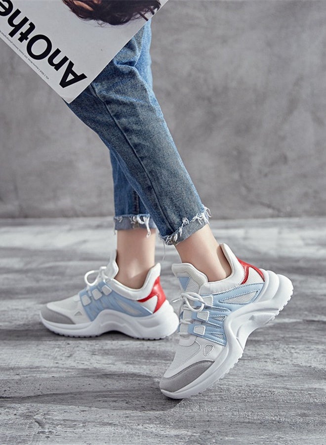 Faux Leather Lace Up Trainers Blue/White - Image 5