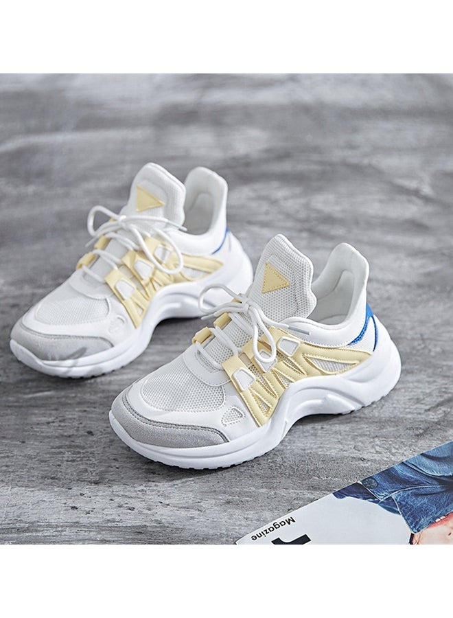 Faux Leather Lace Up Trainers Yellow/White - Image 2