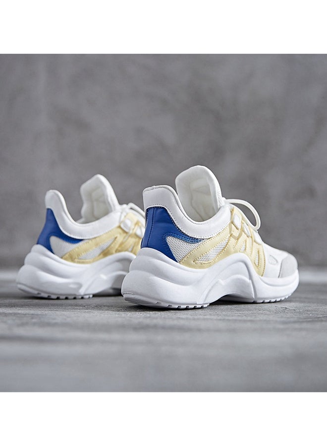 Faux Leather Lace Up Trainers Yellow/White - Image 3