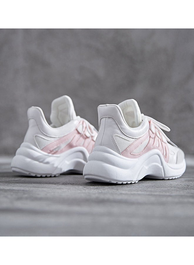 Faux Leather Lace Up Trainers Pink/White  - Image 3