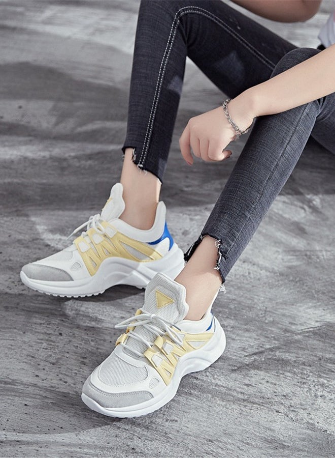 Faux Leather Lace Up Trainers Yellow/White - Image 4
